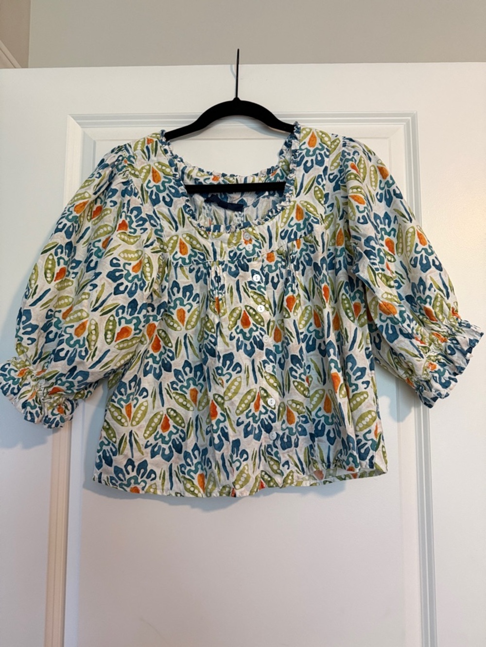 RACHEL Rachel Roy Floral Puff-Sleeve Blouse in White, Blue, Green, Orange